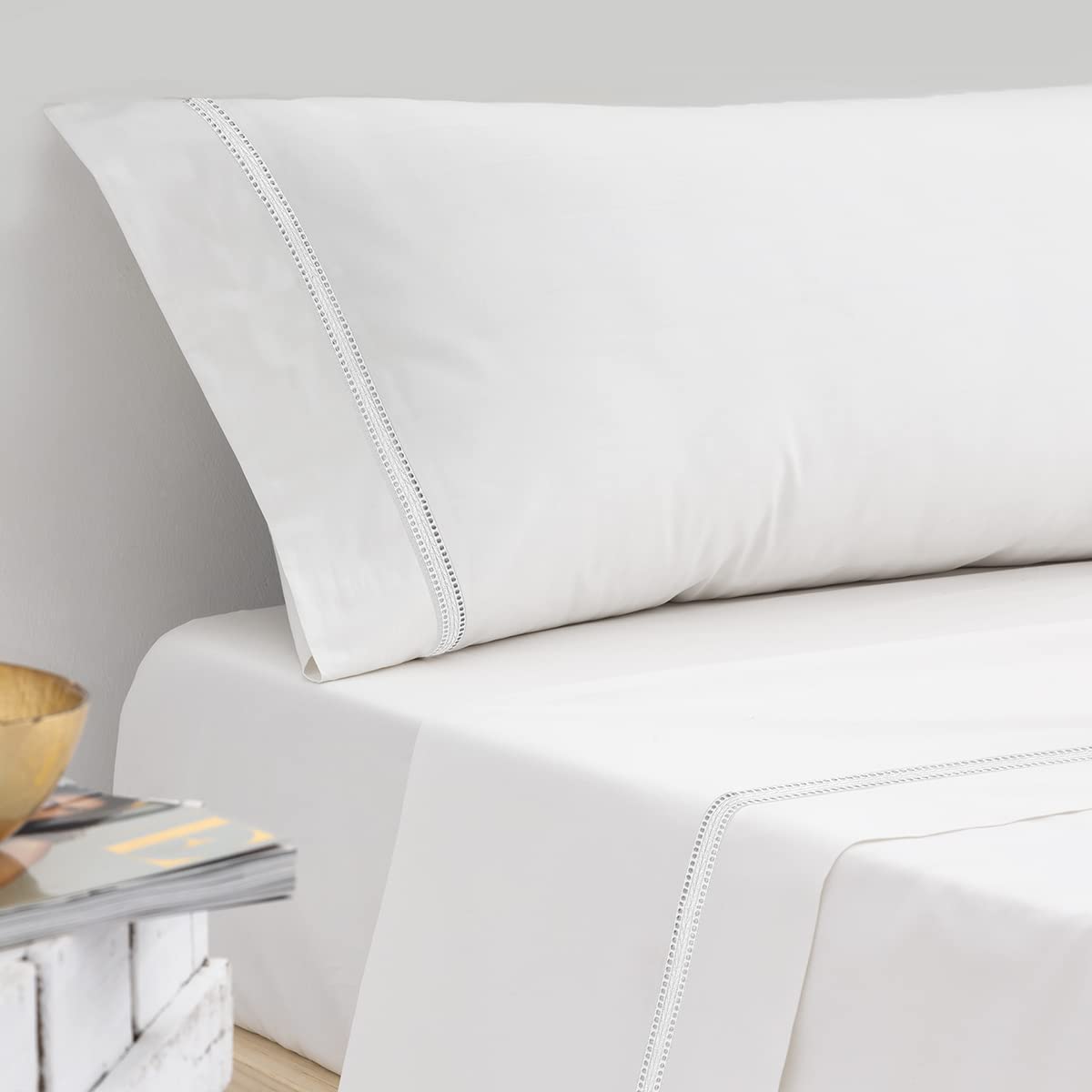 Juego DE SÁBANAS ANTILO Penny Blanco 100% algodón Peinado percal 200 Hilos TC mercerizados (Cama 150/160 cm.)