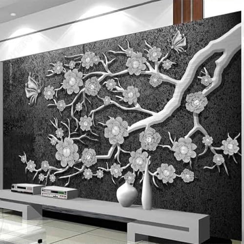 Papier peint mural 3D fleurs argentées décoration murale pour agrandir salon - 2
