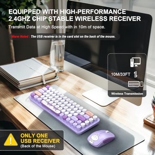 Image of FOPETT Wireless Keyboard and Mouse Cute Mouse and Keyboard 2.4G Wireless Keyboards with Colorful 68 Keys Typewriter Retro Round Keycap for PC, Laptop,Tablet,Computer Windows - Purple Colorful
