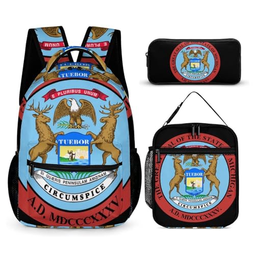 Seal of Michigan 3 Pcs Backpacks Set Combination 16“ Travel Backpack Portable Lunch Bag Pencil Case for Unisex