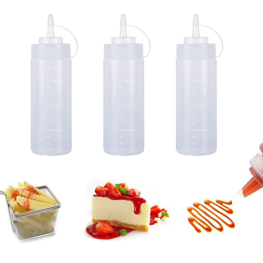 SKYPRO 3 Pack White Plastic Squeeze Bottles 12 oz Condiment Squeeze Bottles Multipurpose Squirt Bottle for Ketchup Oil Jam BBQ Sauce Dressing Grilling Crafts Syrup Dispensers