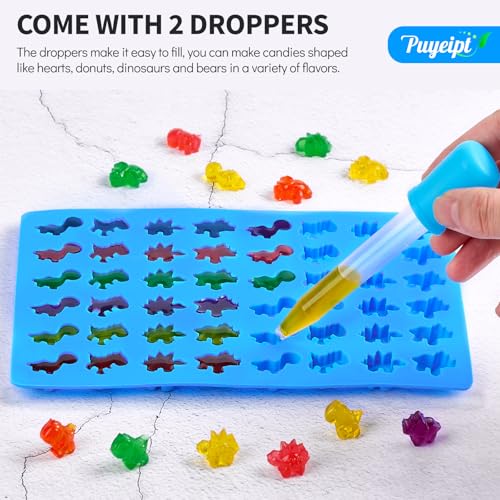 Image of Puyeipt 4 PCS Silicone Gummy Candy Molds, 201 Cavities Non-Stick Mini Size Gummy Bear, Dinosaur, Heart and Donut Molds with 2 Droppers for Small Hard Candies, Jello, Chocolates