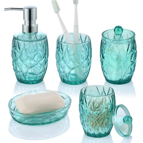 Shatterproof Acrylic Teal Blue Bathroom Accessories Set – Glass-Free, 5-Piece Vanity Set with Lotion Soap Dispenser, Toothbrush/Makeup Brush Holder, 2 Dust-Proof Cotton Jars, and Soap Dish