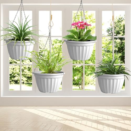 FGstyle Hanging Planters 10 Inch, 4 Pcs Self Watering Pots for Indoor Plants,Plastic Hanging Basket with Soil Elevator and 20" Chain for Home Garden Porch Balcony Patio Decor(White) by FGstyle - Used condition - Image 6