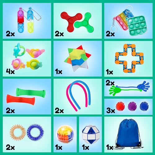 Fidget Toys Set – Anti Stress Spielzeug für Kinder und Erwachsene – Skills Set zur Stressbewältigung und Konzentrationssteigerung – Autismus und ADHS Spielzeug mit Pop It Stressball Infinity Cube