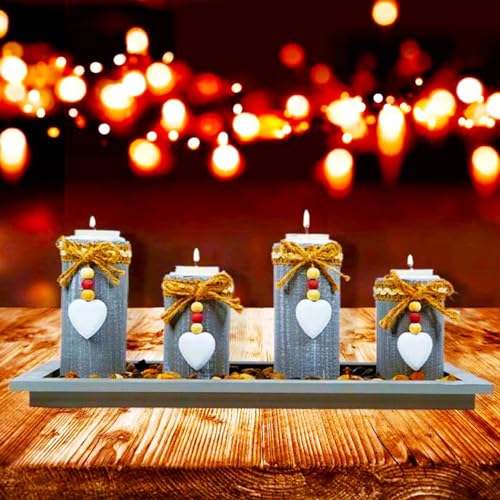 Wooden Candle Holders Centerpieces for Living Room Coffee Table Decorations,Farmhouse Table Decor Tealight Candles Holders with Rustic Tray,Candlesticks for Home Decoration Fireplace Kitchen