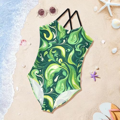 Green Smudges Girls One Piece Swimsuits Quick Dry Beach Swimwear Bathing Suit3