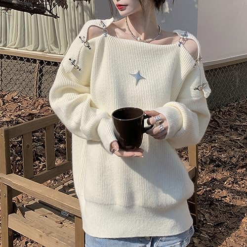 Women's 2023 Fall Casual Hollow Out Off Shoulder Sweater with Y2k Star Lazy Wind Knitted Long Sleeve Top Pullover Jumper3
