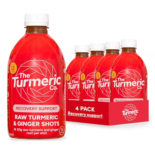 The Turmeric Co. Extra Strong Recovery Ginger & Turmeric Shots | Extra Strong Muscle and Joint Support | Natural Vegan Cold-Pressed Ingredients | Month Supply 4x420ml Dosing Bottles | No Added Sugar
