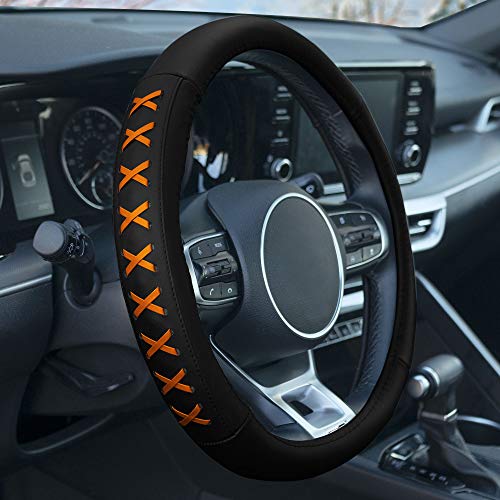 Image of FH Group Universal Fit 15 Inch Genuine Leather with Lace-Up Detailing Steering Wheel Cover fits Most Cars, SUVs Orange