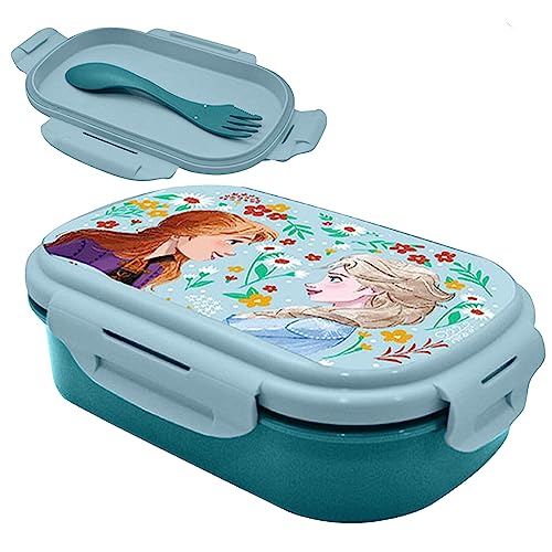 Frozen Lunchbox mit Göffel, Lunchbox mit zwei Fächern und Besteck-Set für Kinder, 21 cm Lebensmittelbehälter, Schulgeschenk für Mädchen, Schule, Bunt