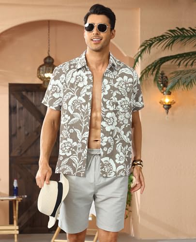 DEMEANOR Hawaiian Shirt for Men Short Sleeve Floral Button Down Shirt Tropical Hawaiian Shirts Casual Linen Shirts Beach2