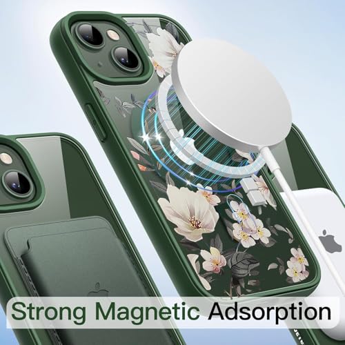 Image of VONZEE Compatible with iPhone 13 Case Luxury Retro Flowers Floral Clear for Magnetic Wireless Charging Case Shockproof Case PC+TPU Cute Glossy Shiny Cover for Girls Women, 6.1'' Green