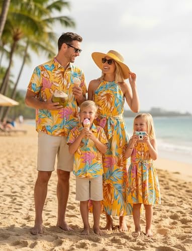 Image of PATPAT Family Hawaiian Matching Outfits - Mommy and Me Vacation Outfits | Halter Sundresses and Button Down Shirts,Caribbean Vacation Summer Tropical Outfits,Hawaiian Boho Tropical Floral Printed