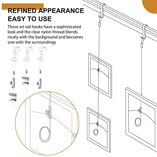 Image of Dunzy 15 Pcs Picture Rail Hanging System Kit Picture Rail Hooks Molding Hangers with Invisible Nylon Cord and Adjustable Hooks for Exhibition, Art Gallery Supplies, White (71 inch Clear Perlon Cord,White)