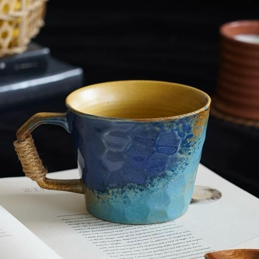 Taza de cerámica artesanal estilo japonés vintage 10oz azul miniatura 1