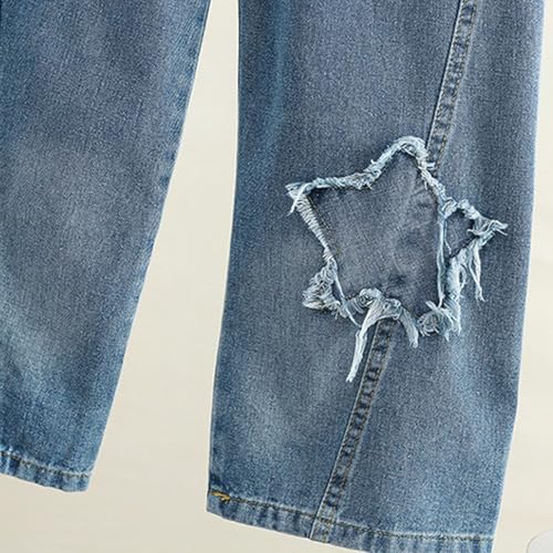 Girls Star Embroidered Jeans Baggy High Elastic Waist Soft Denim Pants Teen Trendy Ripped Cute Preppy Trousers2