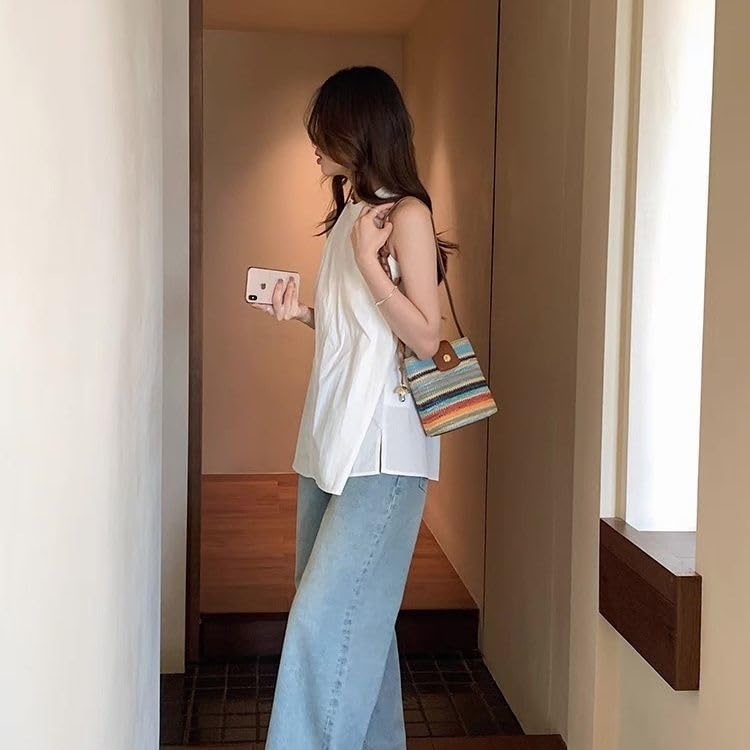 Rainbow Bucket Shoulder Bag Women Woven Handbag for Summer Vacation4