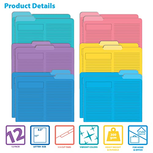 Lined File Folders, 12 Pack, Heavyweight, 1/3 Cut Tabs, 6 Vibrant Colors, Top Custom Subject Box, Letter Size Folders, 9.5" X 11.5", By Better Office Products #TOP2
