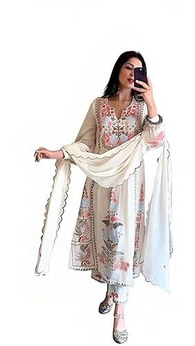 Elegant Women's Faux Georgette Kurti Palazzo Set in White & Black with Embroidered Details - Size S to XL