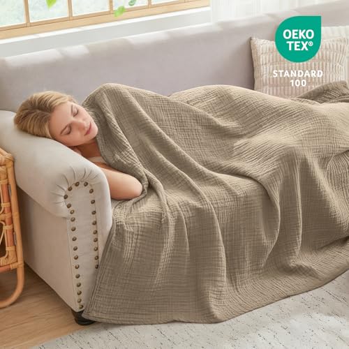 Image of EMME Muslin Blankets for Adults Throw Blanket for Couch Breathable Gauze Soft Lightweight Airy Tan Throw XL 50 inch x 71 inch