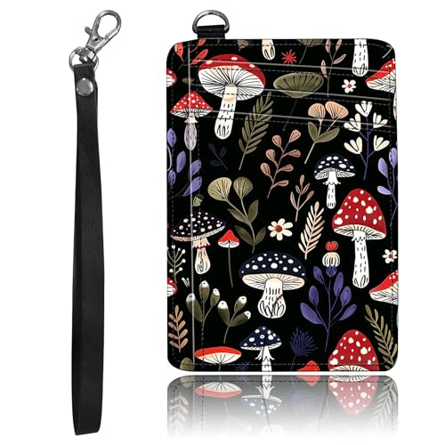 Slim Minimalist Front Pocket Wallet,Credit Card Holder Wallet for Women Men,RFID Blocking Credit Card Holder Case Leather Cute Thin Small Wallet ID Window&Wrist Strap,Red Mushroom Black