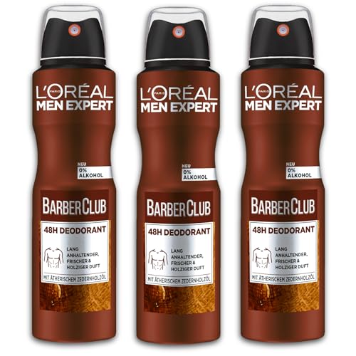L'Oréal Paris Men Expert Barber Club Lot de 3 déodorants en spray anti-transpirant au parfum boisé 34 x 150 ml