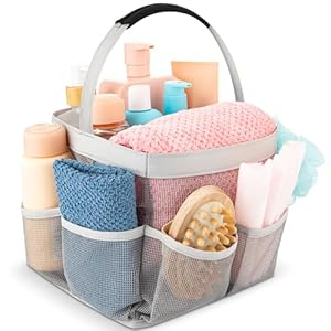 Masirs Mesh Shower Caddy Bag – (9 Pocket) Large Collapsible, Portable Bathroom Organizer for Travel, Gym, & Dorm – Easily Carry & Organize Bathroom Toiletry Essential (Grey)