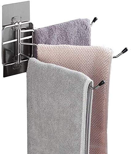 R Runilex Self Adhesive Sticker Stainless Steel 3 Arm Towel Napkin Holder with 180 Degree Rotation Movable Hanger (24 x 9 x 9 cm, Silver)