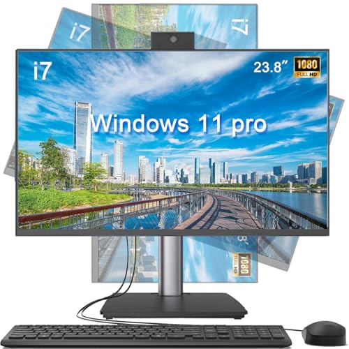 Image of 23.8 Inch All-in-One Desktop Computer,i7 CPU,8GB RAM 256GB SSD,Win 11 Pro PC,Height Adjustable & Swivel Stand,HD Webcam,WiFi 5, Bluetooth,Built-in Speaker,AIO with Keyboard and Mouse for Home Office