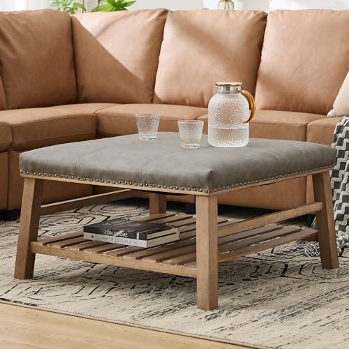 Janoray Large Square Coffee Table with Storage,Modern Faux Leather Ottoman Coffee Table,Luxury Upholstered Couch Table for Living Room/Sofa/Bedroom,Grey