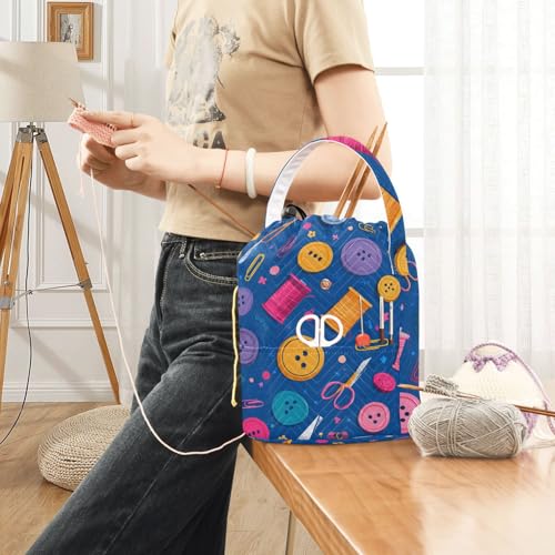 Image of ElliTarr Crochet Bag Yarn Bag with Handle Portable Knitting Project Bag Travel Yarn Storage Organizer Holder Case Blue Thread Buttons Clips Scissors