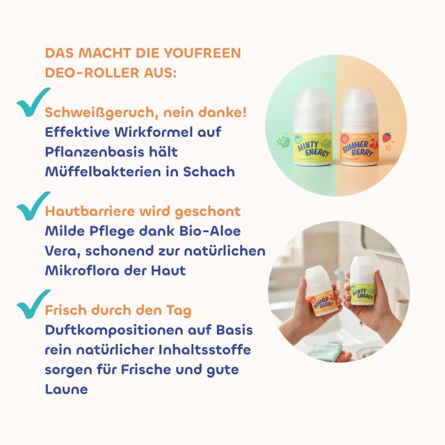 youfreen Happy-Routine-Set: Duschgel (2x200ml) und Deodorant (2x50ml) für Kinder & Teens/Deo für Kinder/Bio-Aloe-Vera/Deoroller (summer berry)