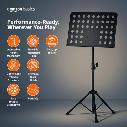 Image of Amazon Basics Orchestral Sheet Music Stand - Portable Black Design for Musicians and Performers