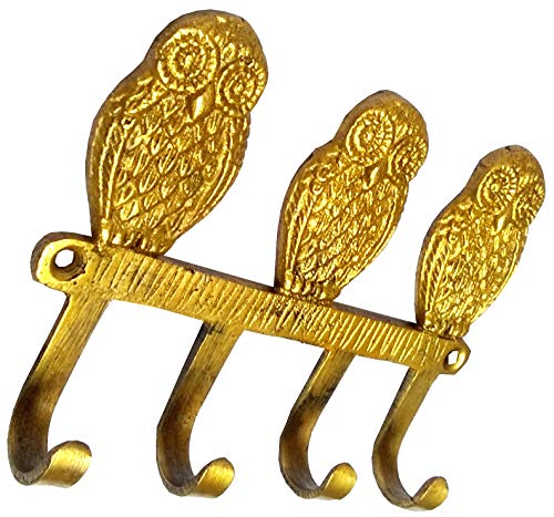 Purpledip Brass Wall Hooks 'Three Wise Owls': Vintage Design Decorative Hanger (11817), Golden, Medium - Image 4