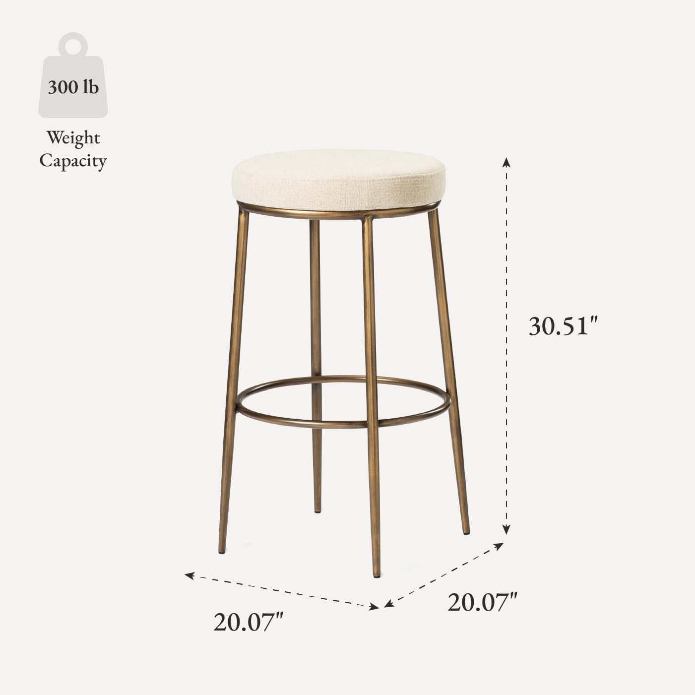 Maven Lane Stella Bar Stool – 31 Inches – Round Stool with Footrest – Black Metal Frame & White Fabric Upholstery – Ideal for Bars, Pubs and Tall Kitchen Counters