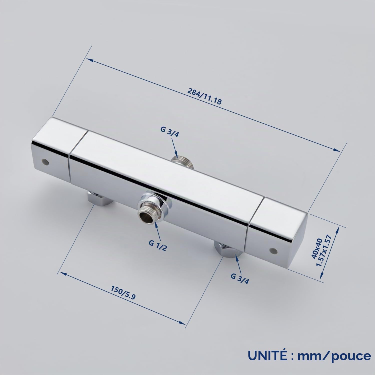 Mitigeur Douche Thermostatique 2 Sorties, Chromé Mural Carrée | Sortie supérieure 3/4" + inférieure 1/2", cartouche céramique, sécurité 38°C