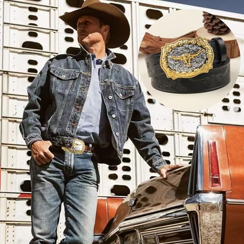 Western Cowboy Belt for Men Women Cowgirl Country Belt Longhorn Bull Buckle Embossed Leather Belt for Jeans Pants3