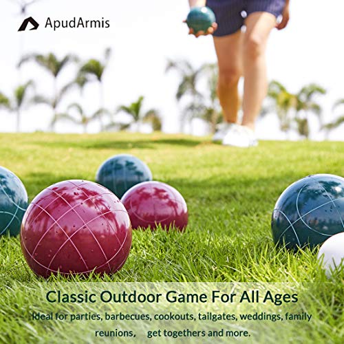 ApudArmis Bocce Balls Set, Regulation Size 100mm Bocce Game for Outdoor/Backyard/Lawn/Beach with 8 PCS 100% Resin Balls / 1 Pallino/Nylon Carrying Case/Measuring Rope (Red & Green)