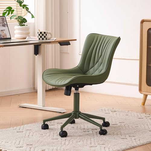 Image of YOUTASTE Green Armless Office Chair, Modern Adjustable Swivel Desk Chair with Wheels, Upholstered PU Leather, Green Metal Legs, Back Support for Home Office, Study, Vanity, Bedroom