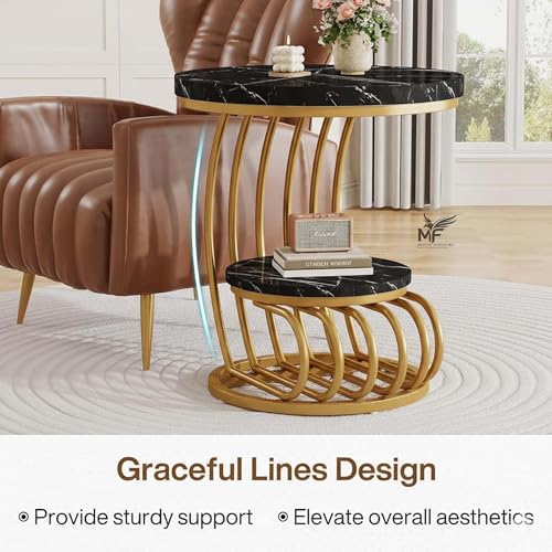 Image of MELVON End Table /Side Table with Black Marble Look Engineered Wood Top & Golden Metal Frame, 2 Tier Storage for Living Room, Bedroom & Office | Golden & Black