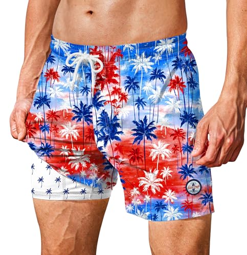 Image of Men's 5'' Swim Trunks with Compression Liner Graphic Beach Dry Fit Lightweight Bathing Shorts (S-XXL)