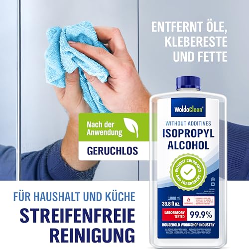 WoldoClean Isopropanol 99,9% Reinigungsalkohol 1L - IPA hochrein, farblos & geruchsneutral, rückstandslos für Elektronik, 3D-Drucker, Glas & Metall