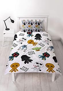 Character World Star Wars Single Duvet Cover Officially Licensed Reversible Two Sided Minis Design with Matching Pillowcase Featuring Yoda, Darth Vader, CP30 & R2-D2 Polyester, White