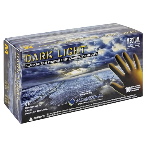 Adenna DLG675 Dark Light 9 mil Nitrile Powder Free Exam Gloves (Black, Medium) Box of 100