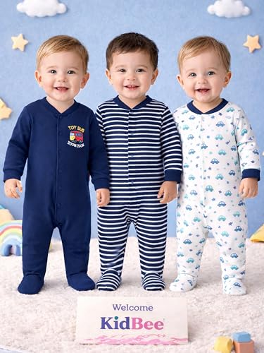 Image of Kidbee Baby Boys & Girls Full Sleeves Cotton Footed Romper Sleepsuit Pack of 3
