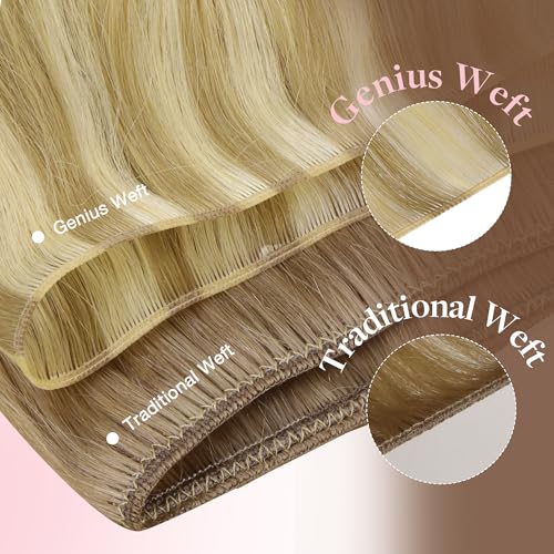 Image of GOO GOO Genius Human Hair Extensions - Sew In Rooted Remy Weft, 16 /22 Light Blonde Highlighted Golden Blonde, 18 Inch 50g, Hand Tied