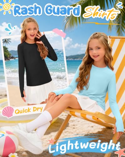 Image of 3 Pack Girls' Rash Guard Swim Long Sleeve Shirt UPF 50+ UV Sun Protection Quick Dry Tee with Thumb Holes 5-14Y