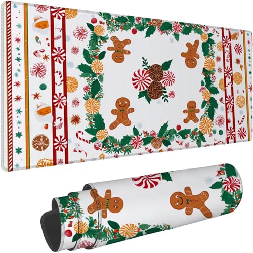 Mouse Mat 1400 x 700 x 3mm Large Mouse Mat Non Slip Rubber Base, Soft Textured Surface with Stitched Edges, Waterproof Desk Mat for PC, Laptop, Laser Mice for Office, White Christmas Printing xn-30