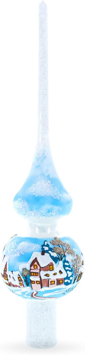 Winter Wonderland Scene with Sparkling Snow Glass Christmas Tree Topper 11 Inches